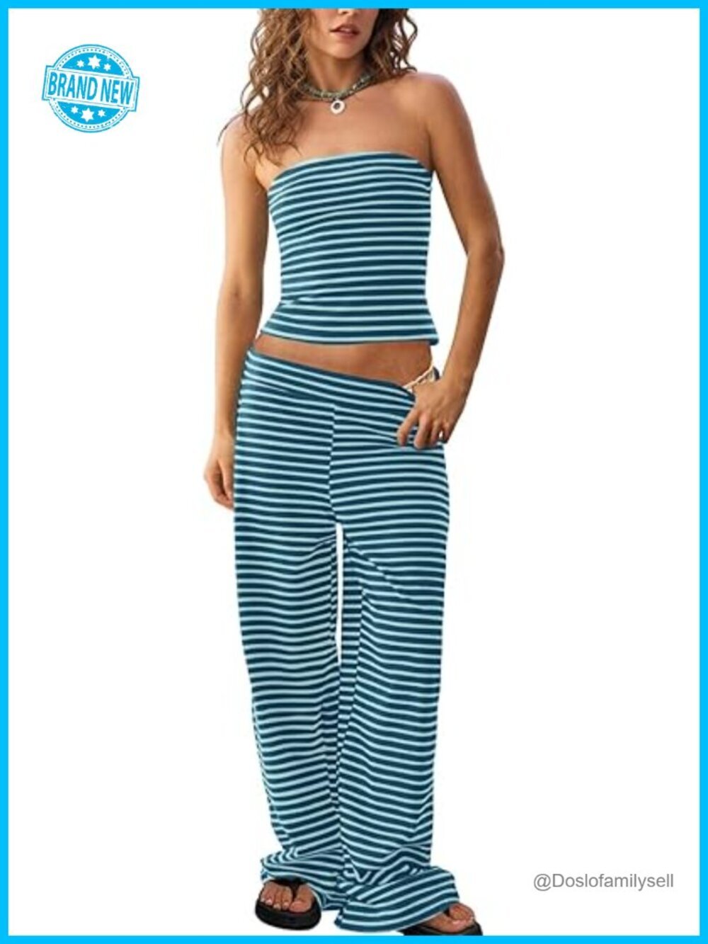 Striped 2 Piece Set Strapless Crop Top Wide Leg Pants Lounge Outfit S
